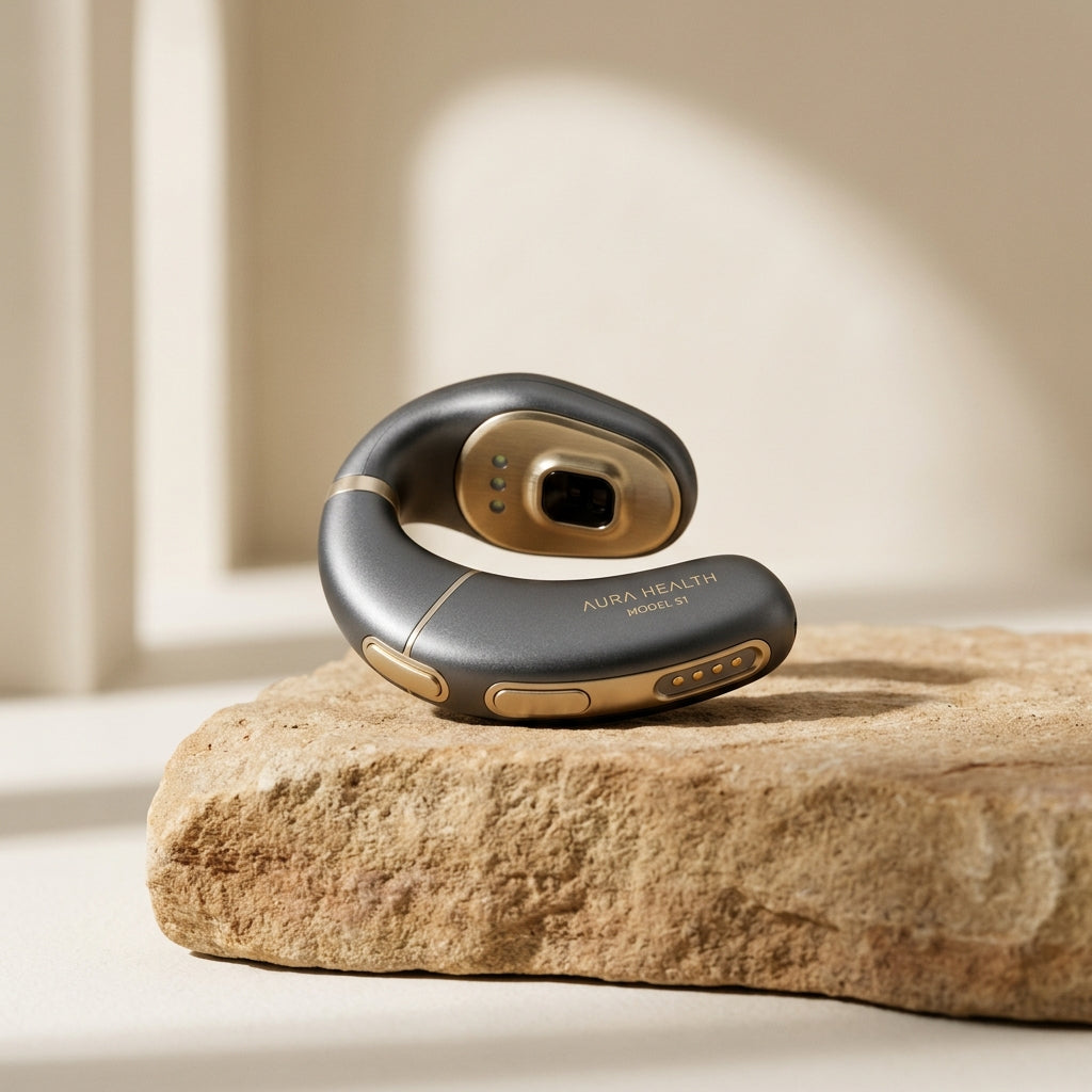 Sleek gold and charcoal Neurorester device close-up